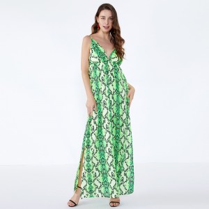 Nyeste design Kvinder Kontor Grøn Leopard Print Knap Casual kjole
