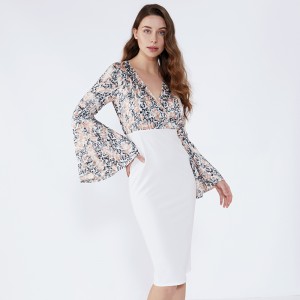 Hvid floral kappe riflet ærme formel bodycon kjole 2019 dametøj