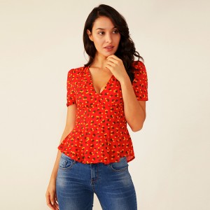 Kvinder Deep V Summer Red Ruffle Blomster-plisseret printbluse